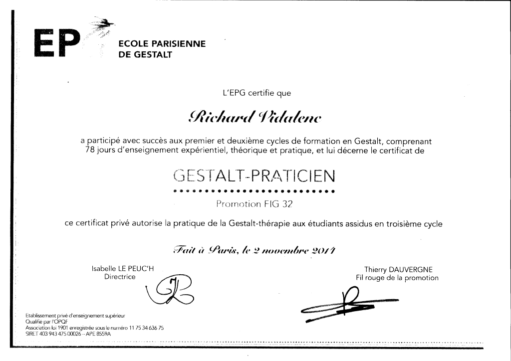 Diplome-Gestalt-Praticien-Richard-Vidalenc-Therapeute-Gestalt-Couple-sexotherapeute-EMDR-Sceaux-92-Hauts-de-Seine-Sud-Paris